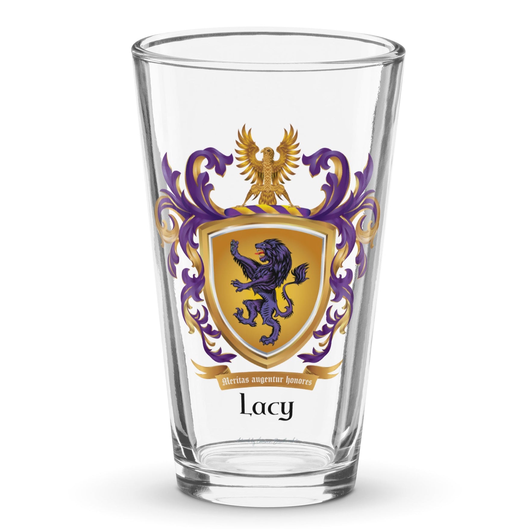 Pint glass on a white background with the Lacy family coat of arms with a purple lion on the front.