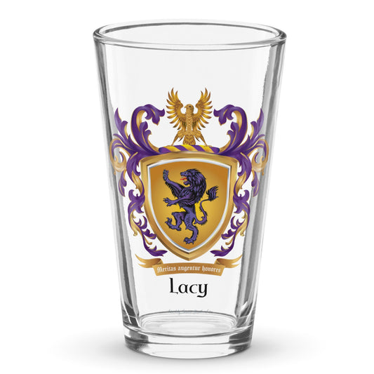 Pint glass on a white background with the Lacy family coat of arms with a purple lion on the front.