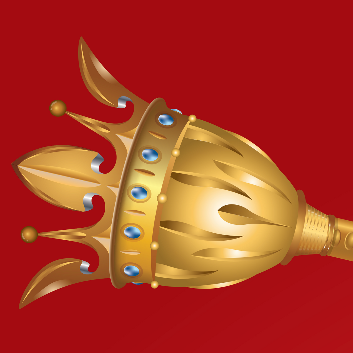 A closeup of the Leahy coat of arms with a  golden royal mace or scepter with a crown-like top and blue jewel accents, shown on a solid red background.