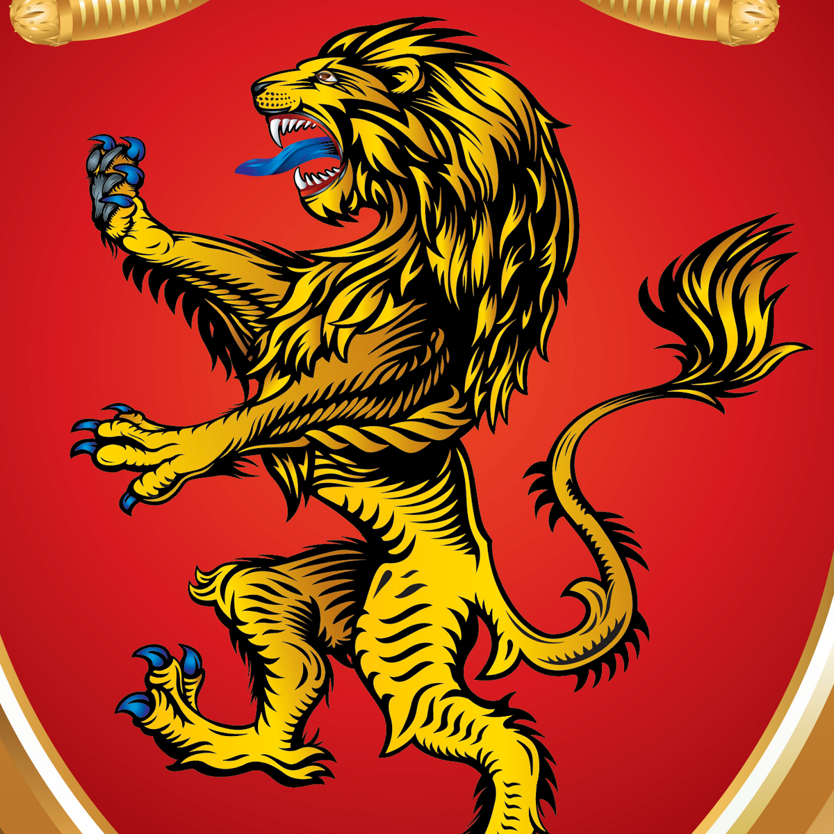 A closeup of the Leahy coat of arms with a rampant golden lion with blue claws and tongue on a red background, framed by a gold border with decorative red flourishes.