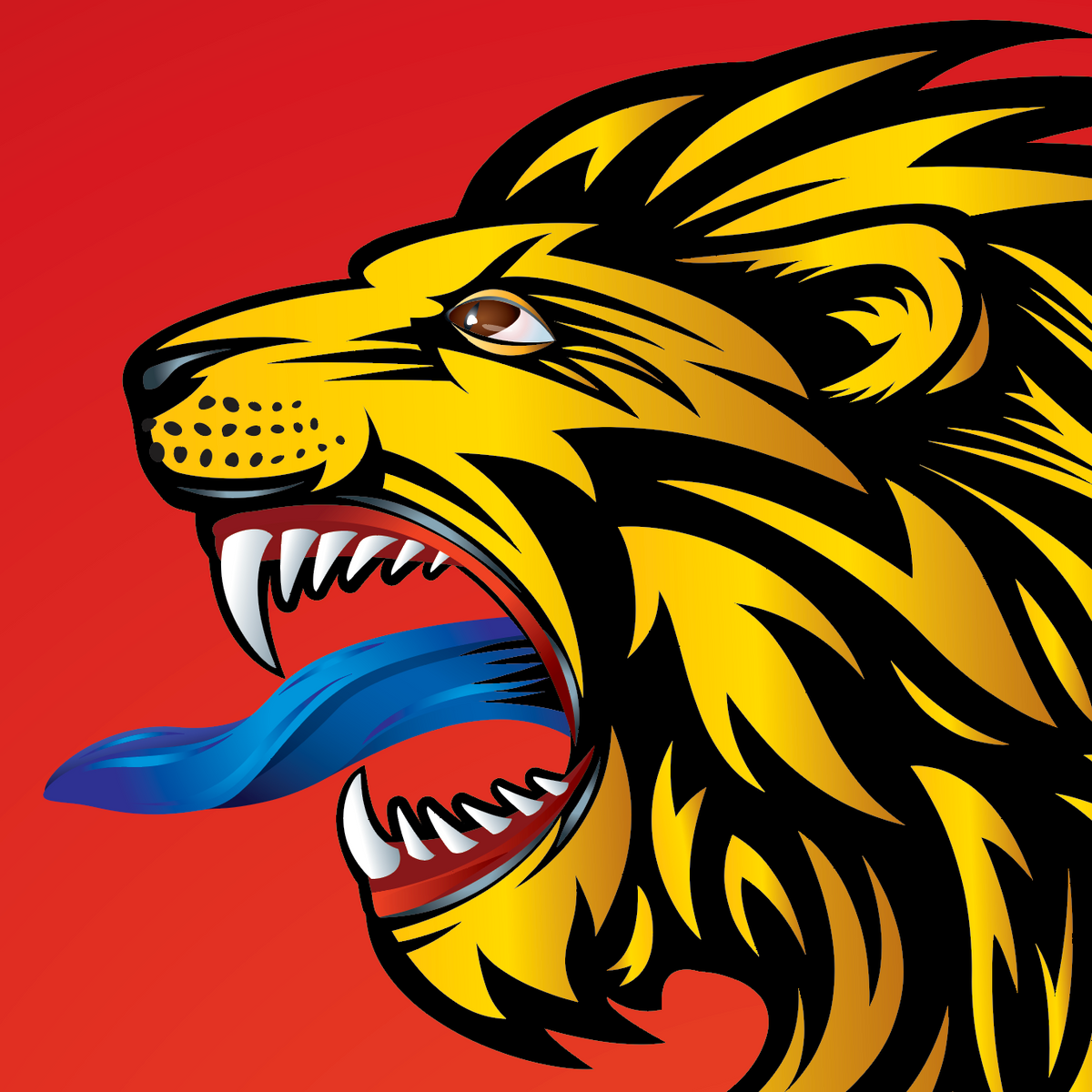 A closeup of the Leahy coat of arms with a roaring lion head illustration in bright yellow, black, red, and with a blue tongue on a solid red background.