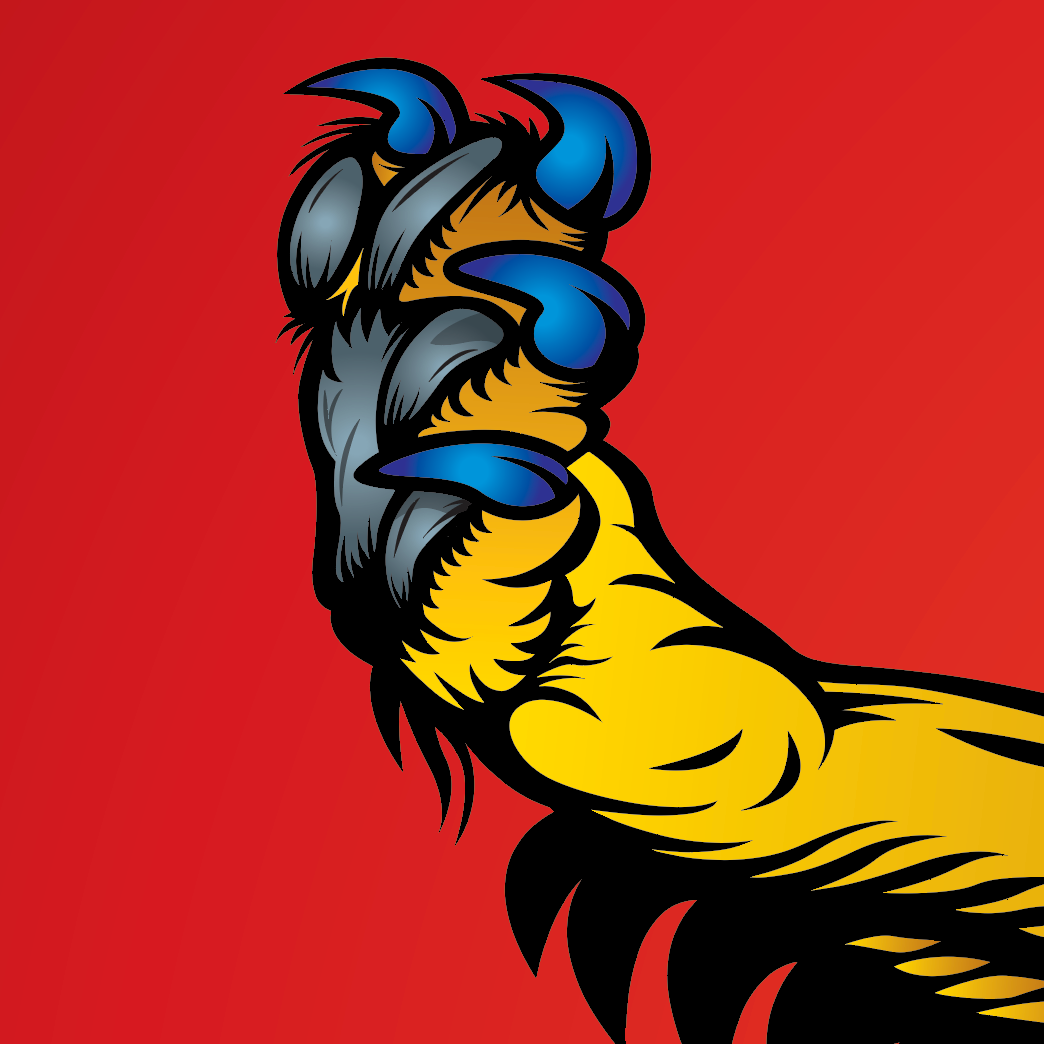 A closeup of the Leahy coat of arms with a claw or talon against a solid red background, with yellow, black, gray, and blue details.
