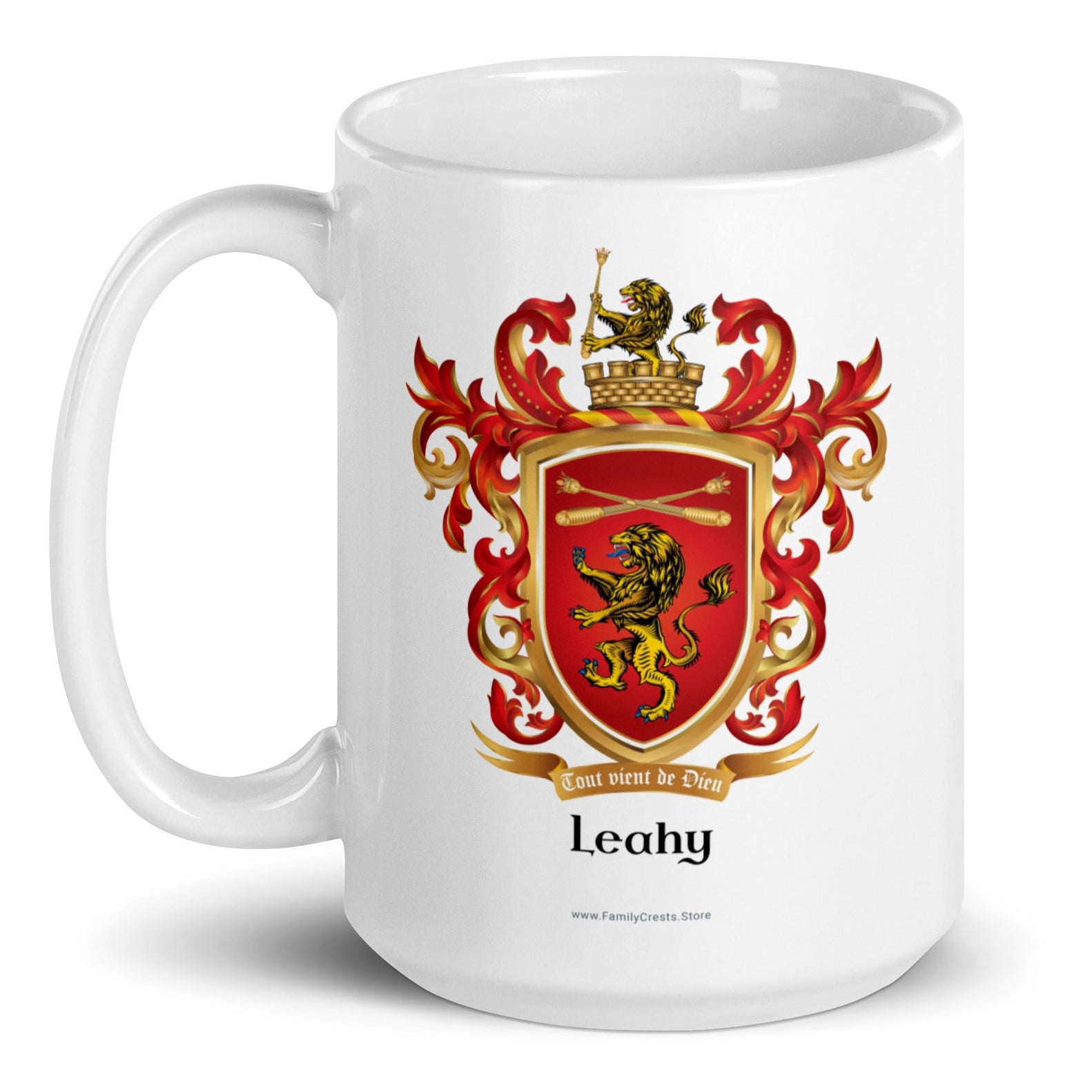 A white mug with the Leahy Family Crest featuring a gold lion on a red shield, against a white background.
