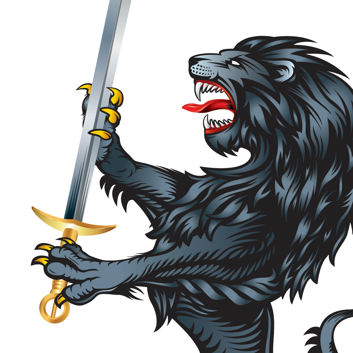 A stylized roaring black lion rampant holding a silver sword with a gold hilt, shown on a plain white background.