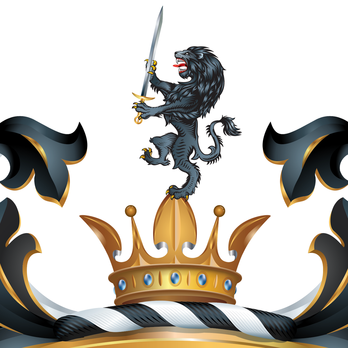 Lee-Family-Crest-close-up featuring a black lion rampant holding a sword above a gold crown, with black, white, and gold scrollwork and a black-and-white striped rope detail.