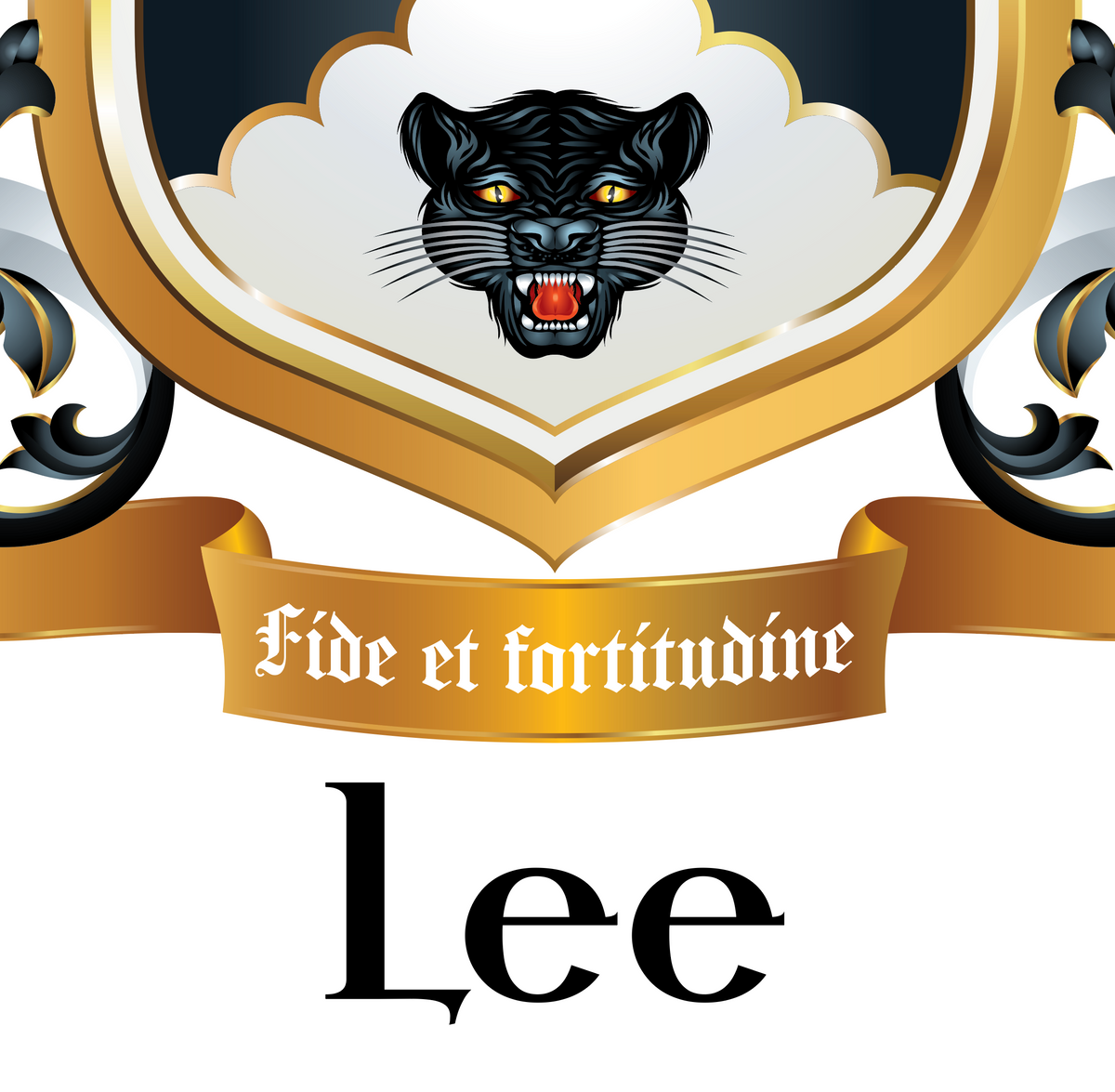 Lee-Family-Crest-close-up with a black panther head inside a gold shield, a gold mottoribbon reading 'Fide et fortitudine,' and the word 'Lee' below on a white background.