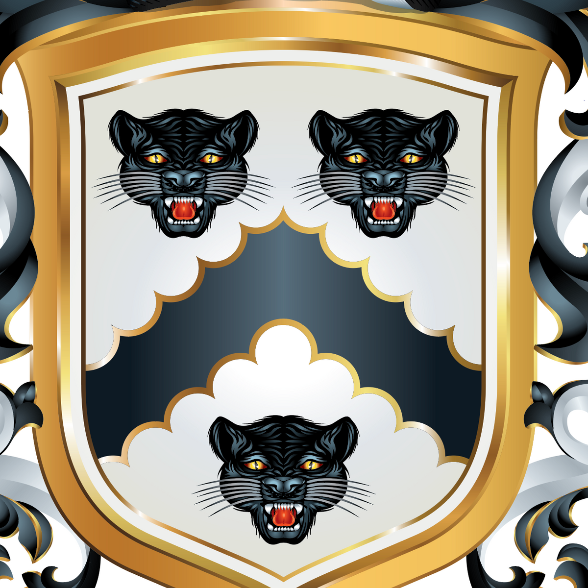 Lee-Family-Crest-close-up with three black panther heads above and below a white cloud, set on a dark blue field and framed by a gold border, with ornate black and silver scrollwork around the edges.
