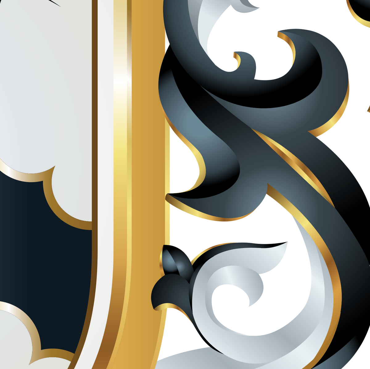 Close-up of lee coay of arms decorative ornate black heraldic mantling with metallic gold outlines and white curved edge of a chevron on a white background.