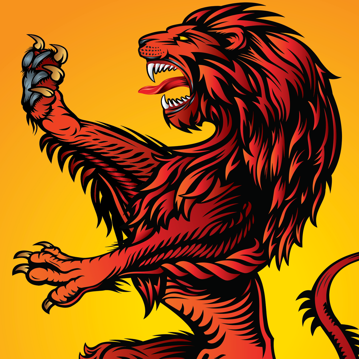 A closeup of the anglo-norman Lee coat of arms featuring q roaring lion illustration in red and orange tones with black outlines, set against a golden gradient background.