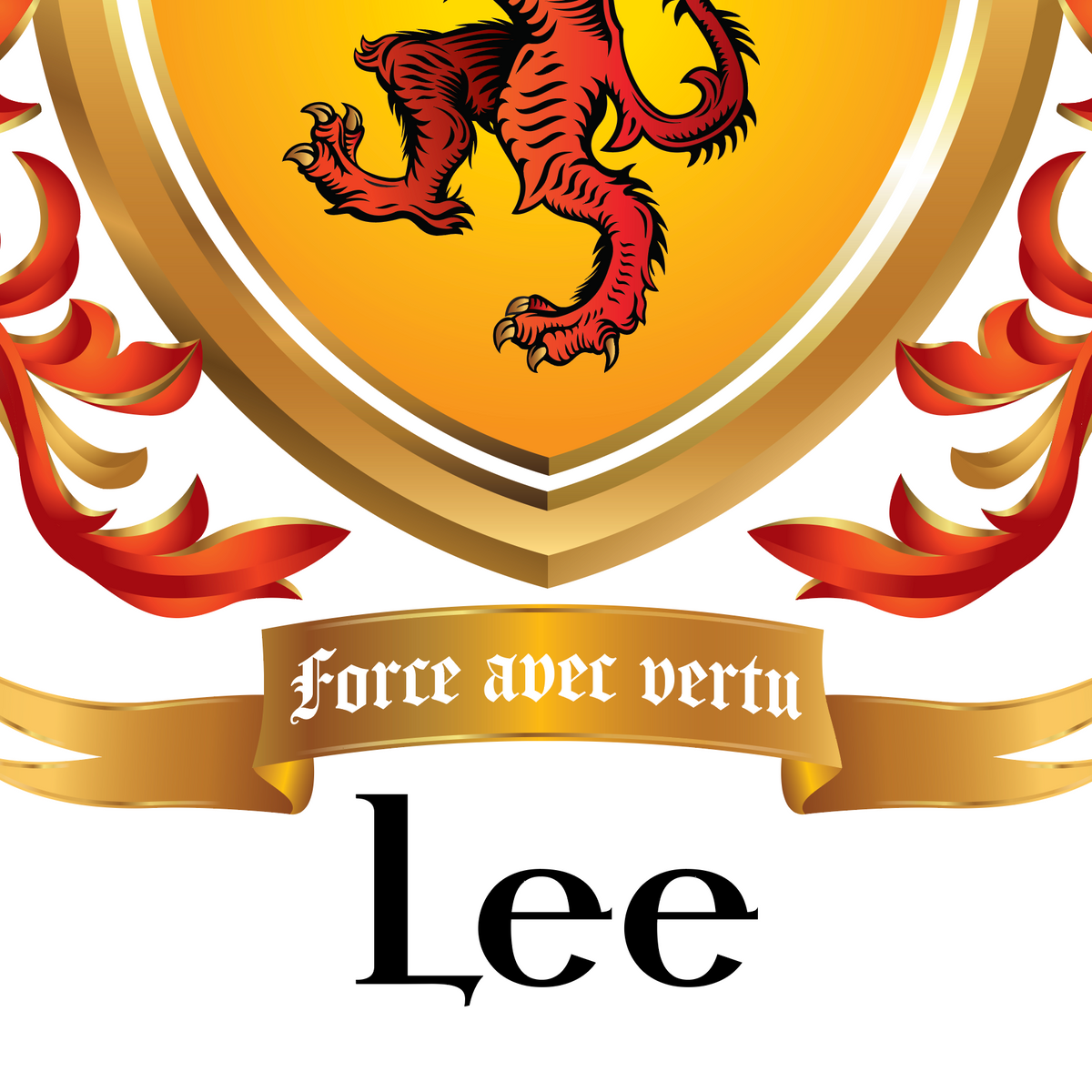 A closeup of the anglo-norman Lee coat of arms featuring a gold shield with a red lion rampant, red and gold decorative flourishes, a gold motto ribbon banner reading 'Force avec vertu,' and the word 'Lee' below in large black letters.