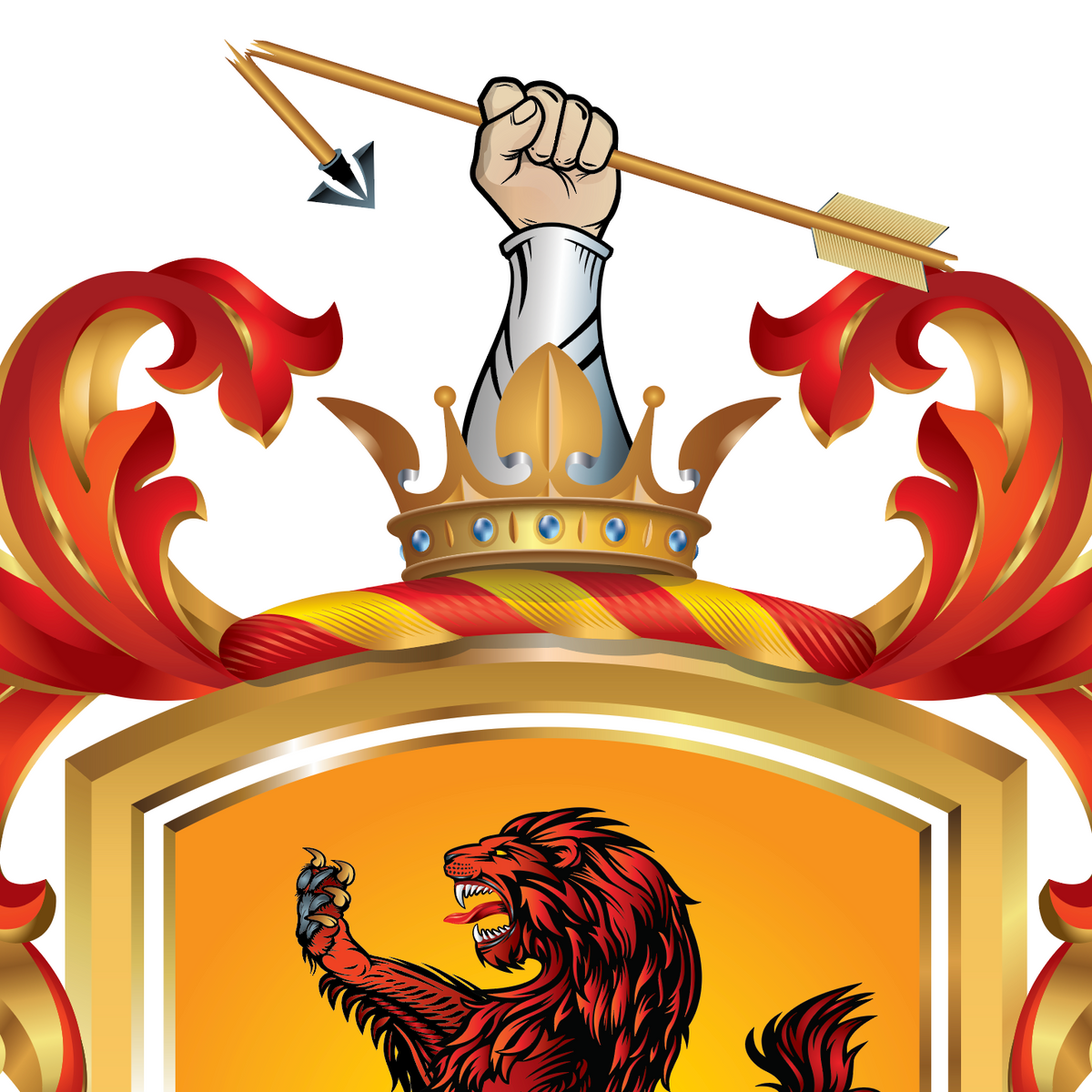 A closeup of the anglo-norman Lee coat of arms featuring a heraldic crest illustration on a white background, showing a crowned lion rampant in red and gold, with a raised hand holding a bow above.