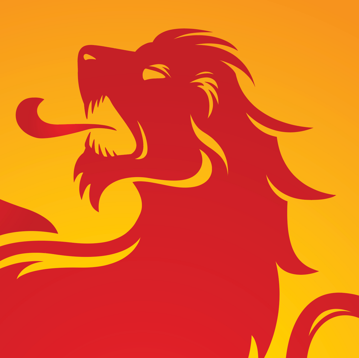 Closeup of the Lee-anglo-saxon-Family-Crest showing a red lion head silhouette with a yellow outline, set against a yellow-to-orange gradient background.
