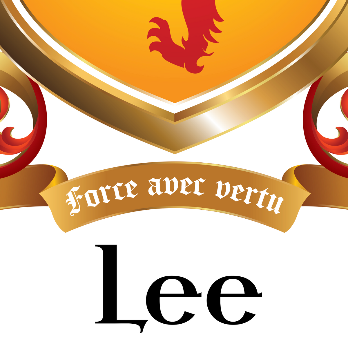 Closeup of the Lee-anglo-saxon-Family-Crest featuring a golden and red heraldic crest with the motto 'Force avec vertu' on a gold banner, above the black serif text 'Lee' on a plain white background.