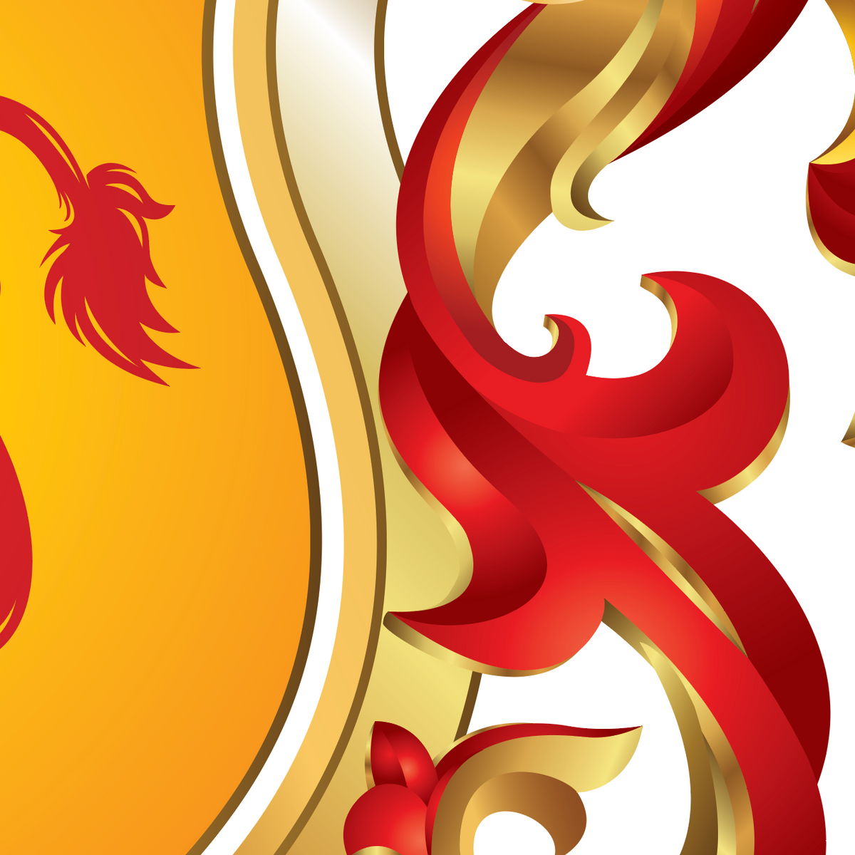 Closeup of the Lee-anglo-saxon-Family-Crest showing bold red and gold abstract ribbon-like swirls over a white and yellow background, with a red stylized flame or bird motif on the left.