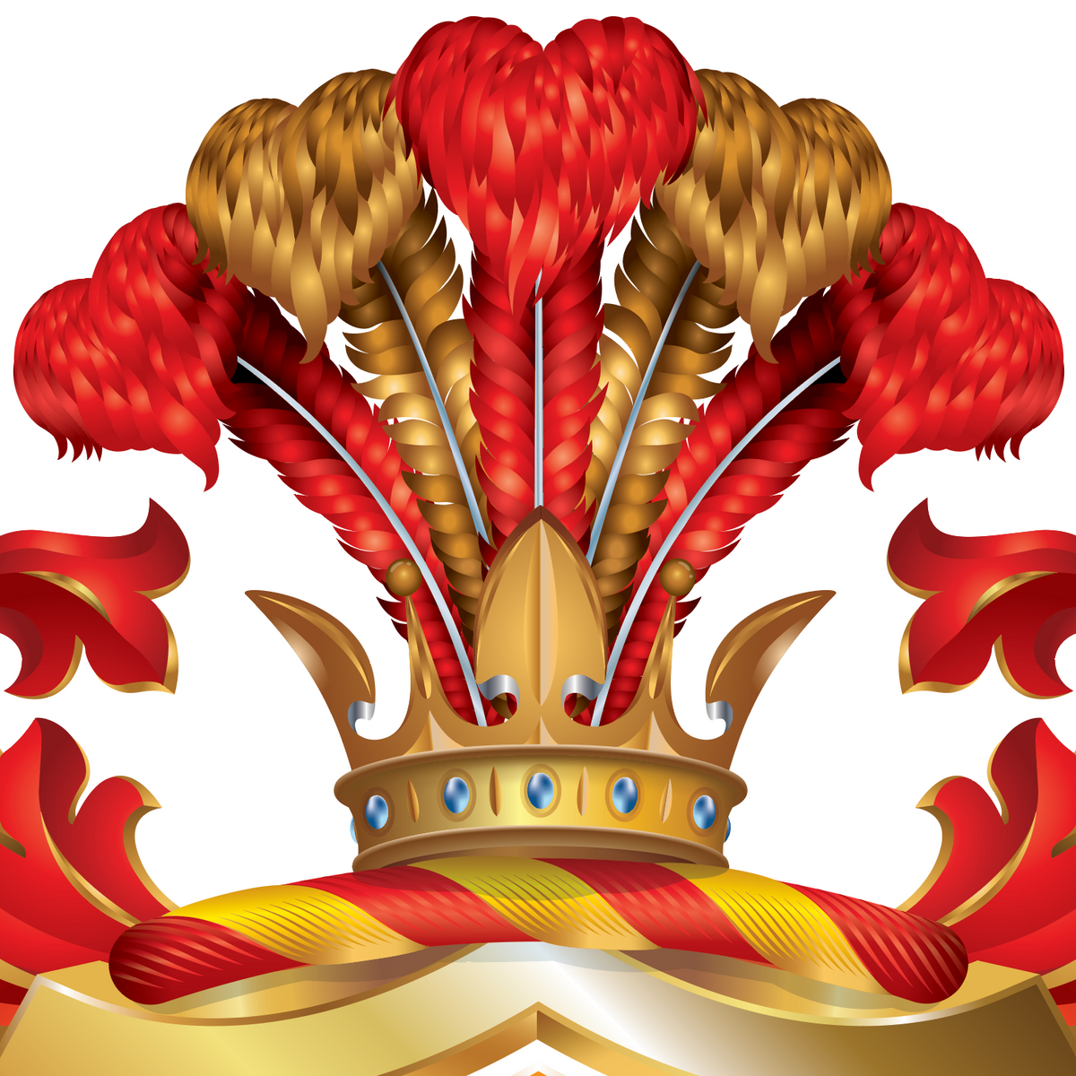 Closeup of the Lee-anglo-saxon-Family-Crest showing decorative heraldic crest or coat of arms illustration featuring a gold crown with blue gem accents, red and gold feathers, and red-and-gold scrollwork on a white background.
