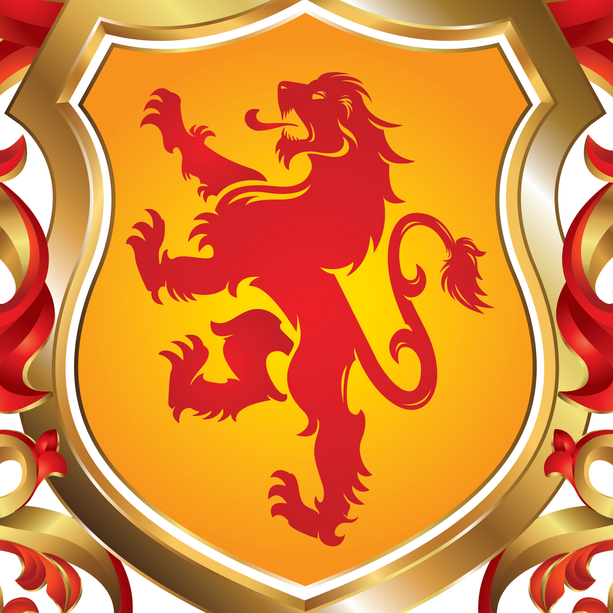 A closeup of the AngloSaxon Lee family heraldic shield featuring a red lion rampant on a yellow-orange background, framed by a gold border with decorative red scrollwork on a white backdrop.