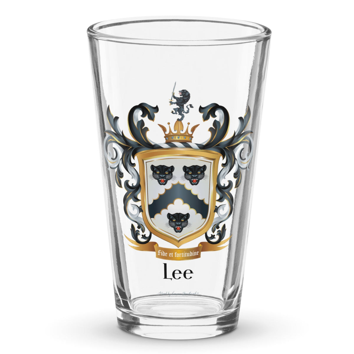 Lee Family Crest beer glass with 3 leopards and a lion - English & Irish origin