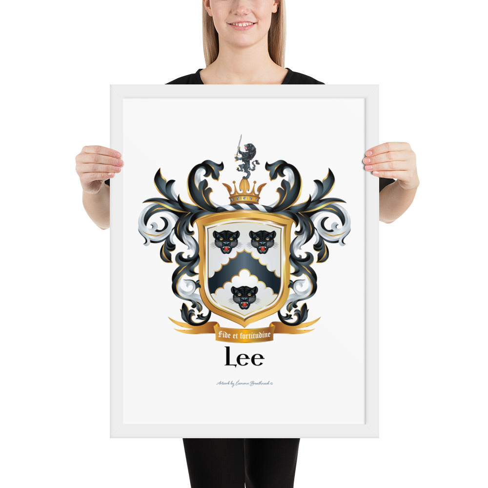 A woman holding a framed print of the Lee Family Crest with with 3 leopards and a lion - English & Irish origin-Family Crests Store