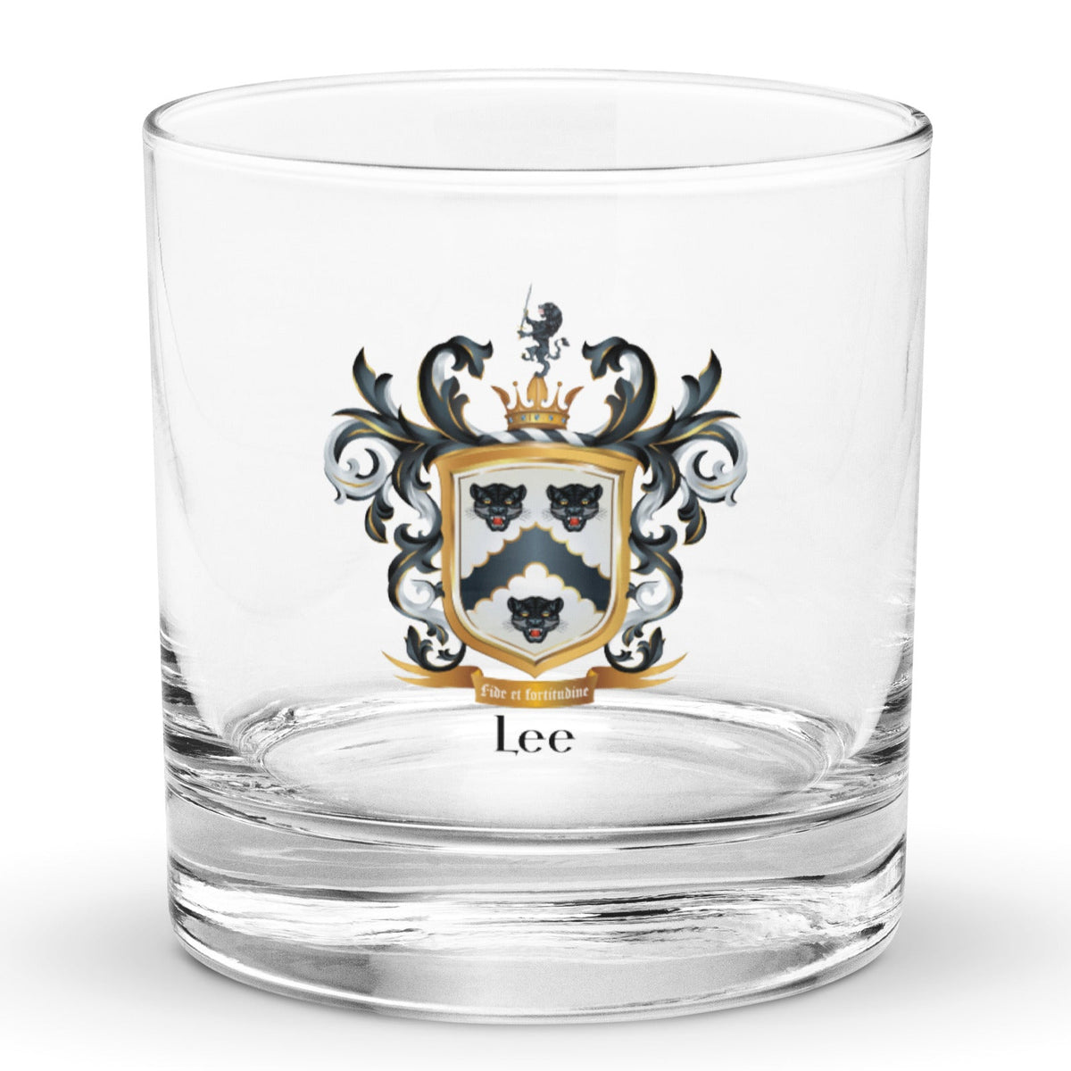 Lee Family Crest Rocks Glass - English & Irish origin - with three leopard heads