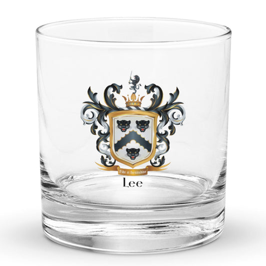 Lee Family Crest Rocks Glass - English & Irish origin - with three leopard heads
