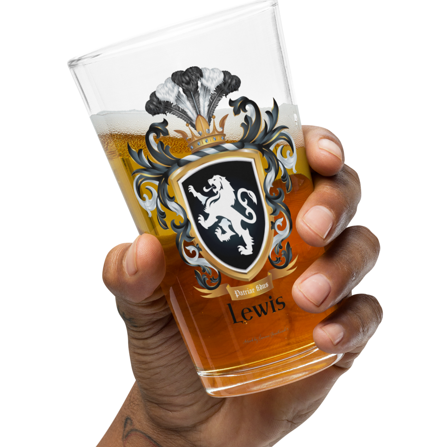 Hand holding a glass of beer with a Lewis family crest design, featuring a white lion on a black shield and the name 'Lewis'.