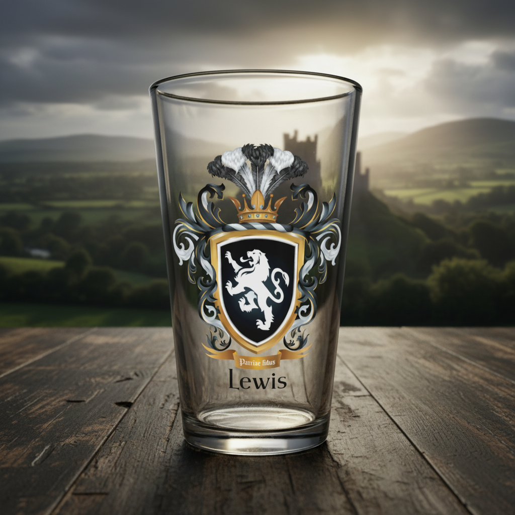 The Lewis Family Crest beer glass featuring on the front of the pint beer glass a black coat of arms shield with a white lion and a motto on a gold ribbon beneath the shield and under that the name Lewis in black text. The glass is on a wooden table top with a scenic view of Welch countryside in the distance.