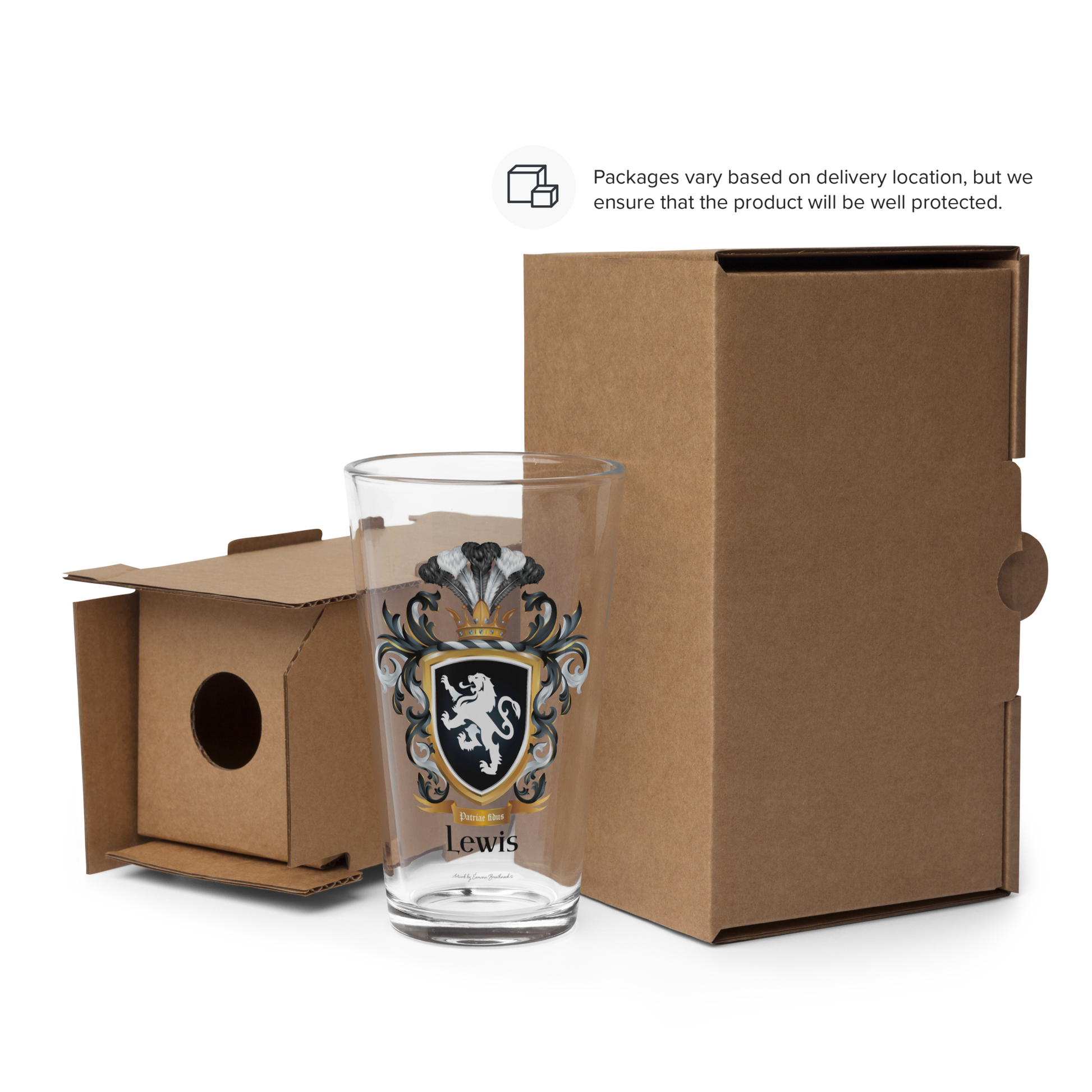 Clear glass with a Lewis-Family-Crest beside a cardboard box packaging