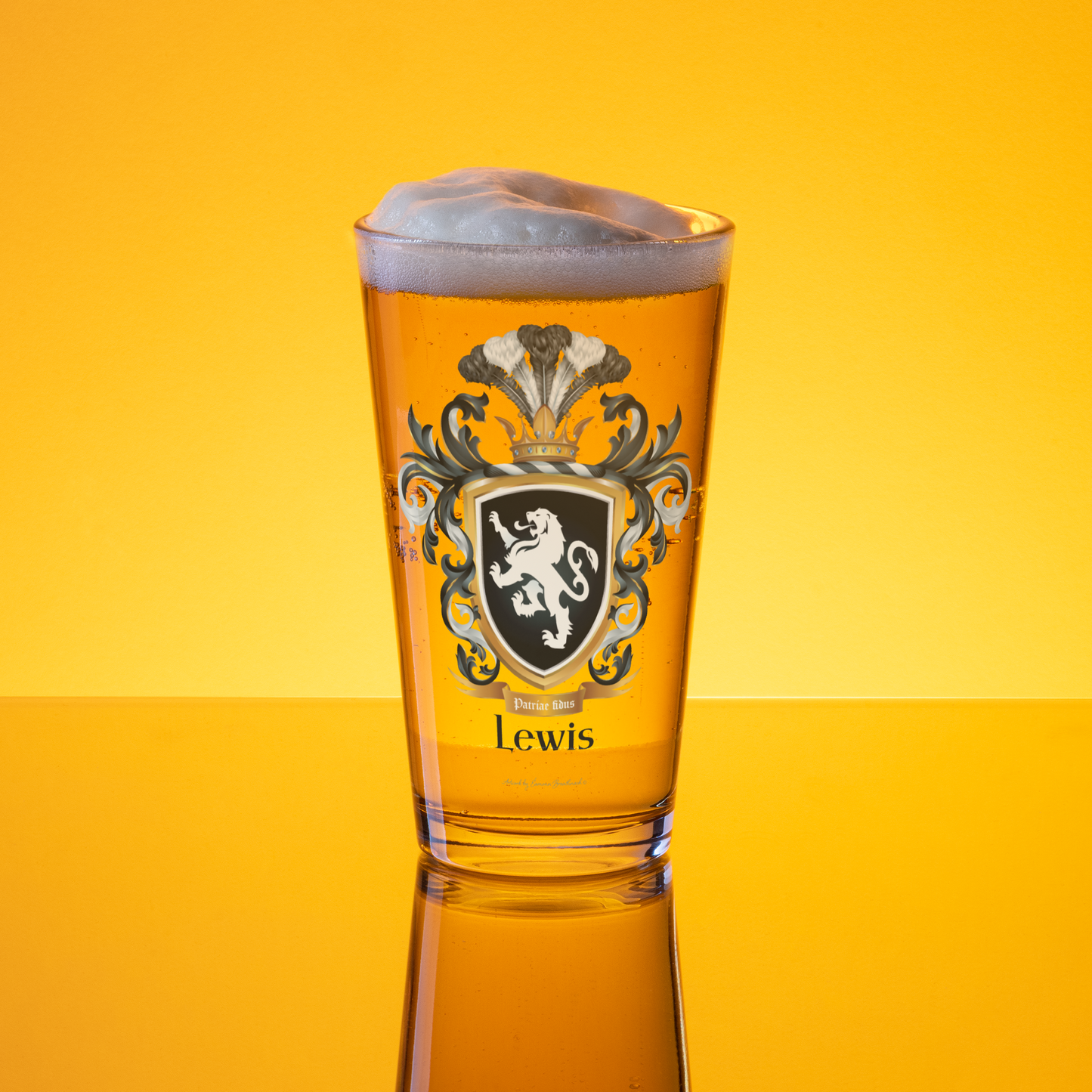 Glass of beer with a Lewis-Family-Crest- design on a yellow background