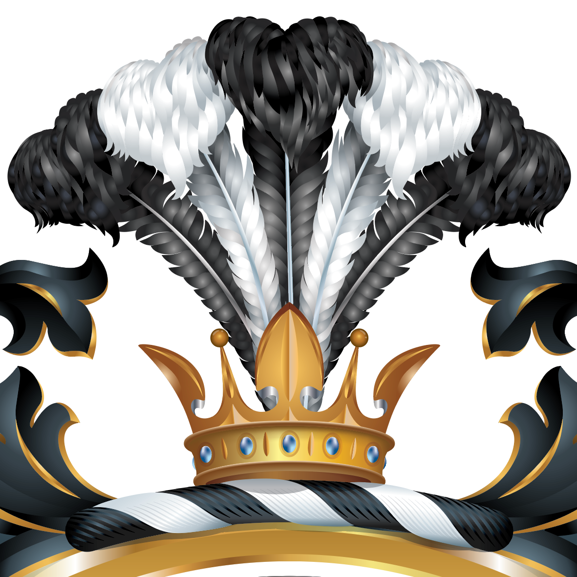 A closeup of the Lewis Family Crest showing a gold crown with blue jewel accents, black-and-white feathers, black-and-gold mantling, and a striped black-and-white wreath / torse on a white background.