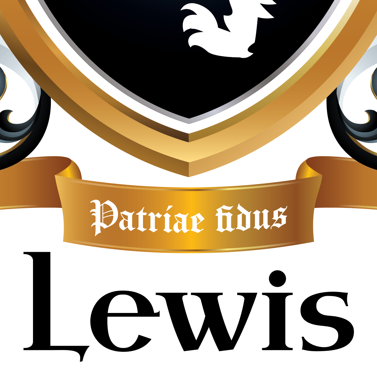 A closeup of the Lewis Family Crest showing a gold motto ribbon reading 'Patriae fidos,' and the word 'Lewis' below in large black serif text on a white background.