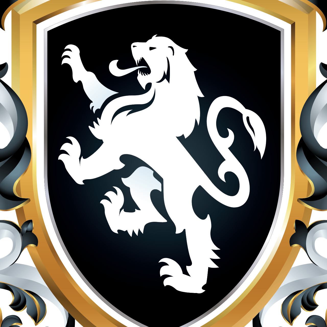 A heraldic shield featuring a white rampant lion on a black background, framed in gold with ornate black and white scrollwork on a white backdrop.