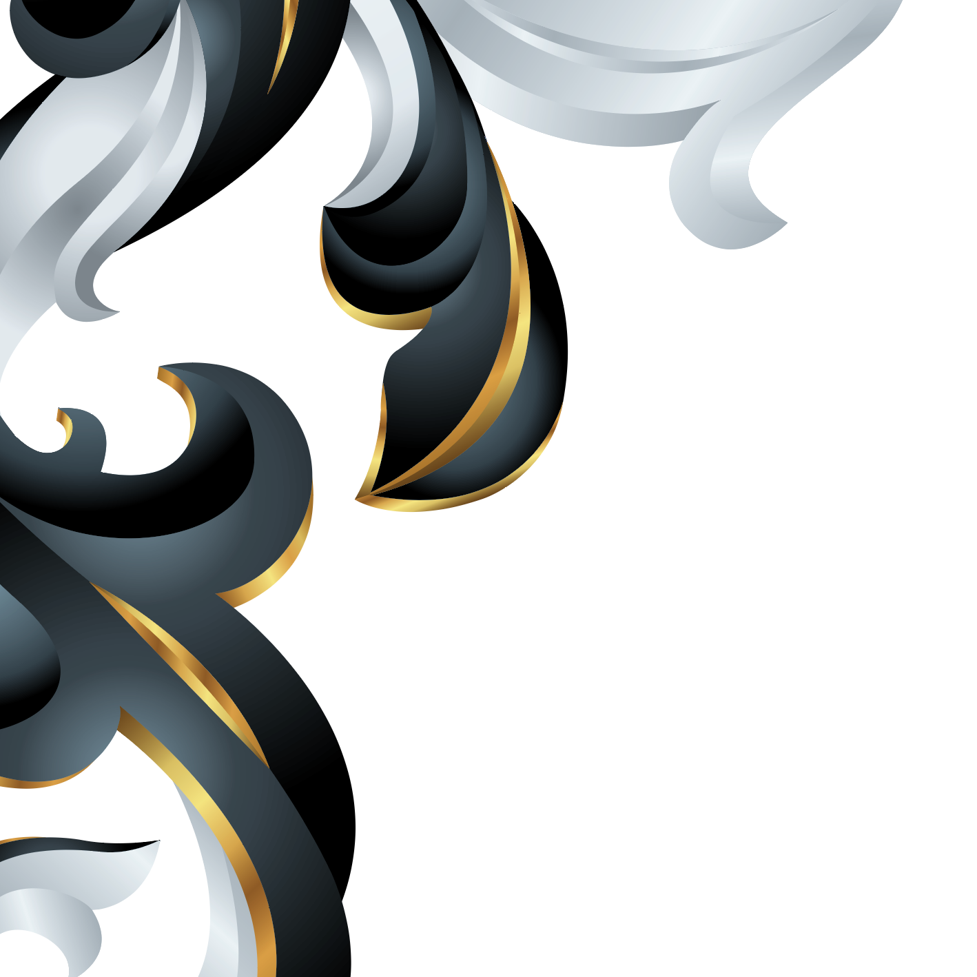 A closeup of the lLewis crest mantling in black, white, and gold ribbon-like forms on a plain white background.