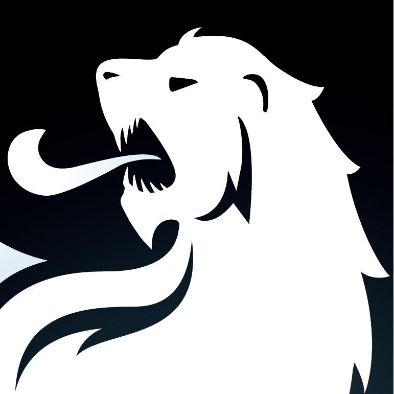 A closeup of the Lewis Family Crest showing a roaring lion head with its tongue extended, set against a black background.