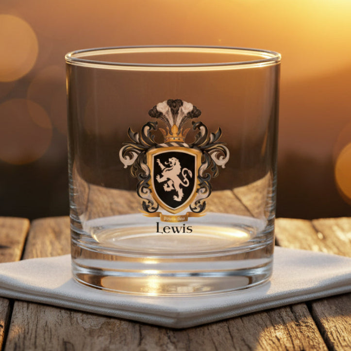 Rocks glass with a Lewis coat of arms design on a white background