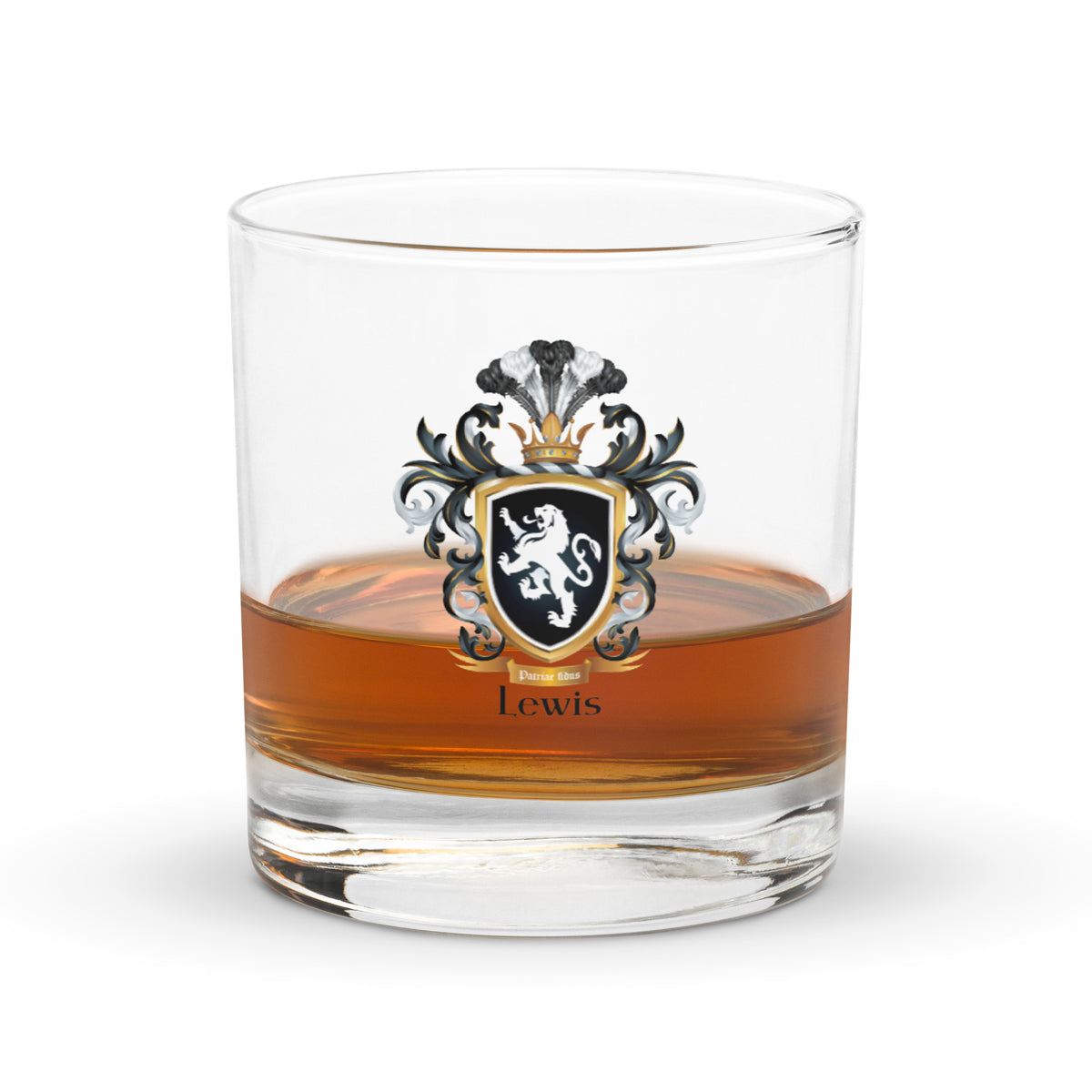Glass with a Lewis family crest  and 'Lewis' text, filled with a shot of whiskey on a white background