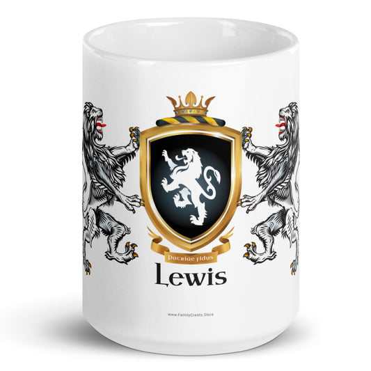 A white mug with the Lewis Family Crest coat of arms featuring a white lion on a black shield with two white lions either side of the shield holding it up