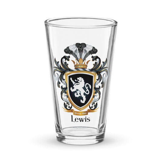 The Lewis Family Crest beer glass featuring on the front of the pint beer glass a black coat of arms shield with a white lion and a motto on a gold ribbon beneath the shield and under that the name Lewis in black text
