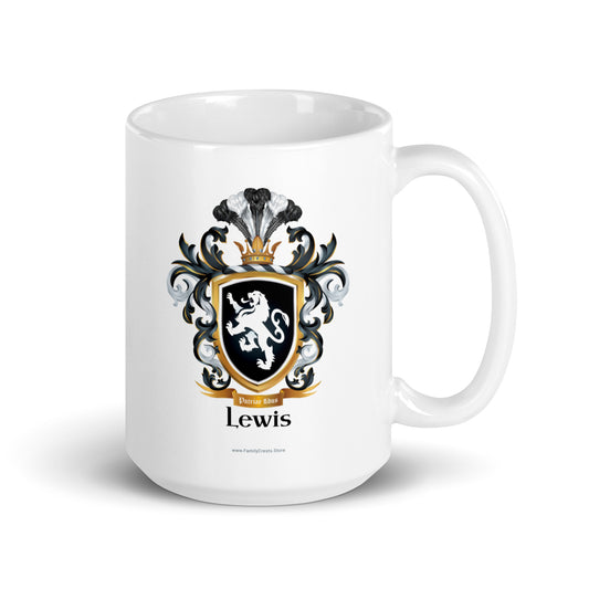 A white Lewis Family Crest mug featuring on the front of the mug a black coat of arms shield with a white lion and a motto on a gold ribbon beneath the shield and under that the name Lewis in black text