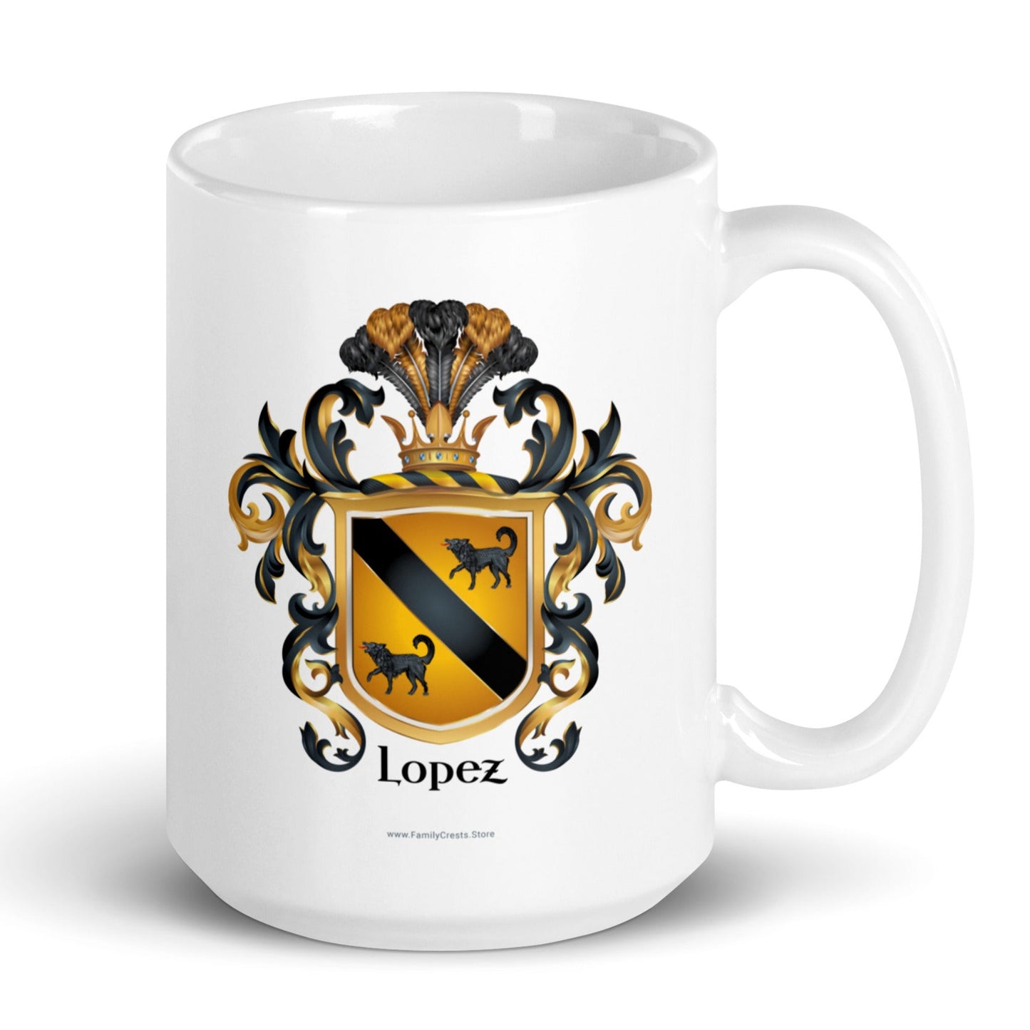 A white mug with the Lopez Family Crest printed on the front featuring a gold shield with a black diagonal band and two black wolves.