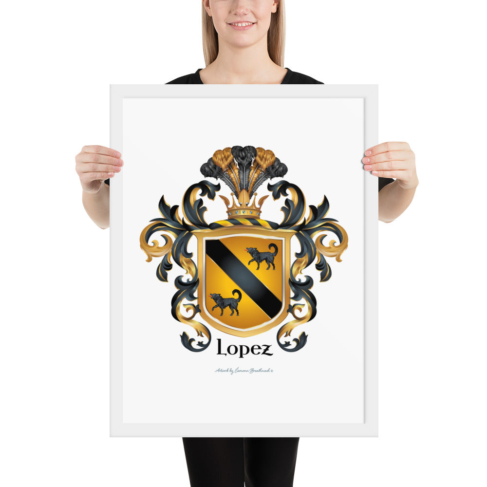 Lopez Family Crest framed artprint held by a woman. The coat of arms has a gold shield with a black diagonal band and two black wolves. The name Lopsz is in lack letters below the shield.