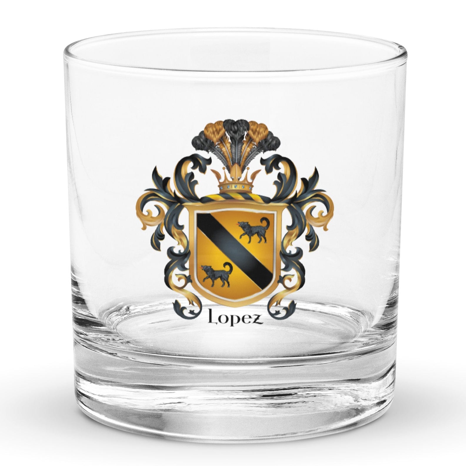 A rocks glass with the Lopez Family Crest printed on the front featuring a gold shield with a black diagonal band and two black wolves and the name Lopez in black text below the shield.