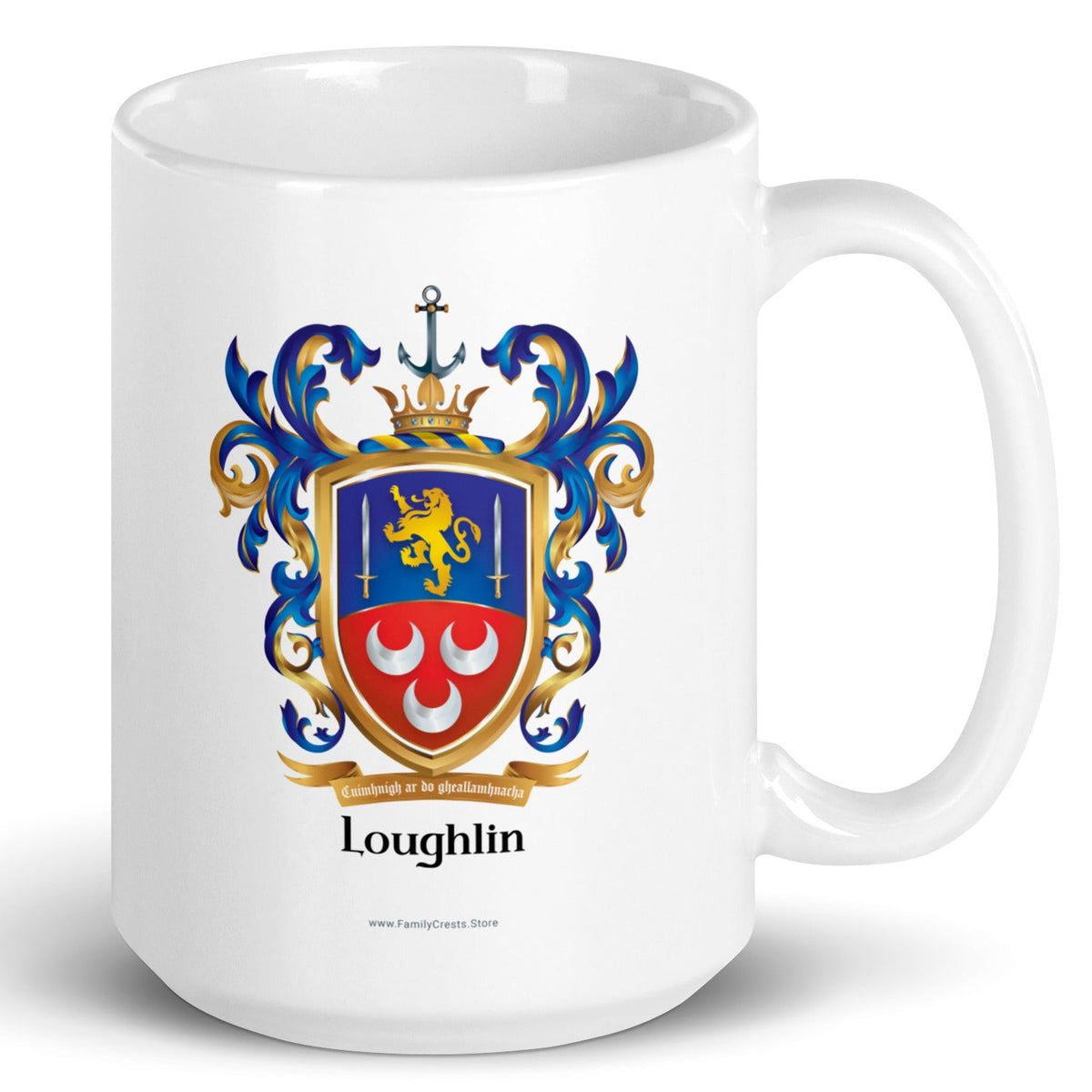 A white 15 oz mug with a slightly beveled base and the handle facing right featuring a printed Loughlin family crest with a gold lion, two swords and 3 silver crescents and the name Loughlin below a motto ribbon, shown on a white background.