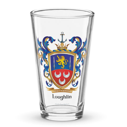 A classic clear pint beer glass featuring a printed Loughlin family crest with a gold lion, two swords and 3 silver crescents and the name Loughlin below a motto ribbon, shown on a white background.