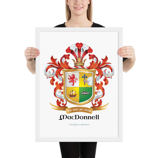 Woman holding a MacDonnell Family Crest framed print