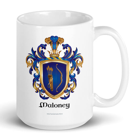 White mug with Maloney Family Crest featuring a golden bow and quiver of arrows on blue shield