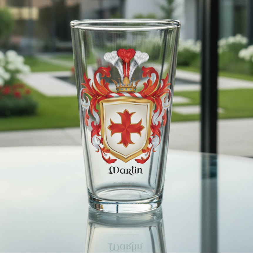 Clear glass with aMartin Family Crest on a white background