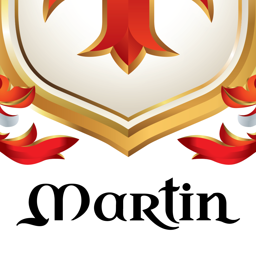 A detailed close up of the red cross on the Martin Family Crest showing the typography of the word 'Martin' in black gothic lettering below the shield on a white background.