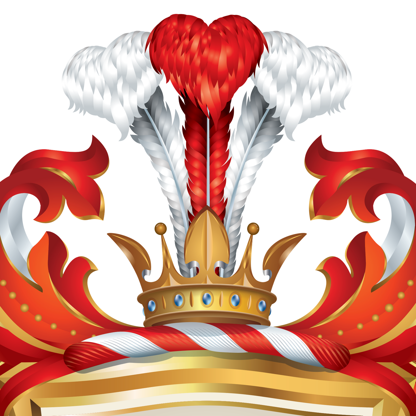 A detailed close up of the mantling on the Martin Family Crest showing white feathers, a gold crown, and red and white mantling on a white background.