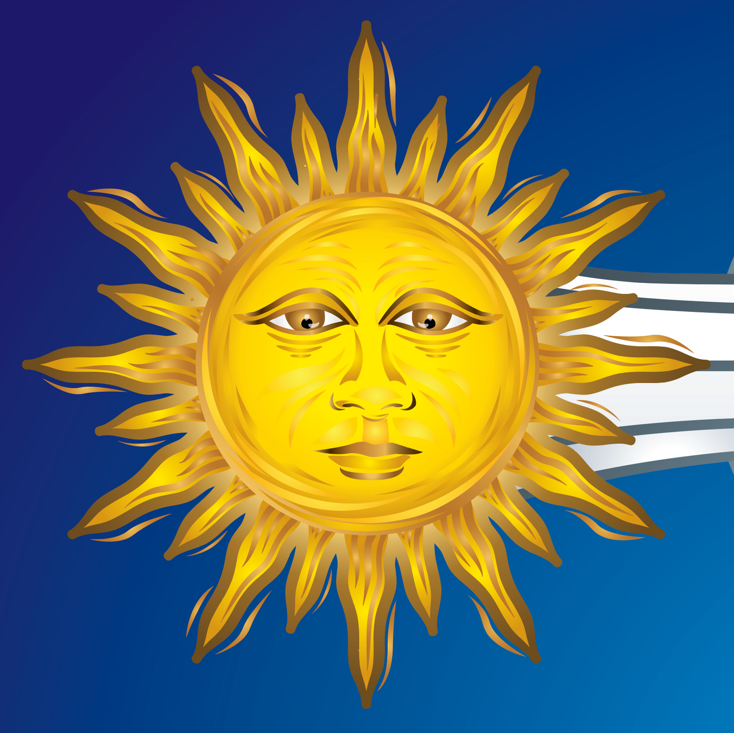 A detailed closeup of a section of the Martin Family Crest showing a stylised yellow sun with a human face and radiating flame-like rays, shown against the blue background of the shield.