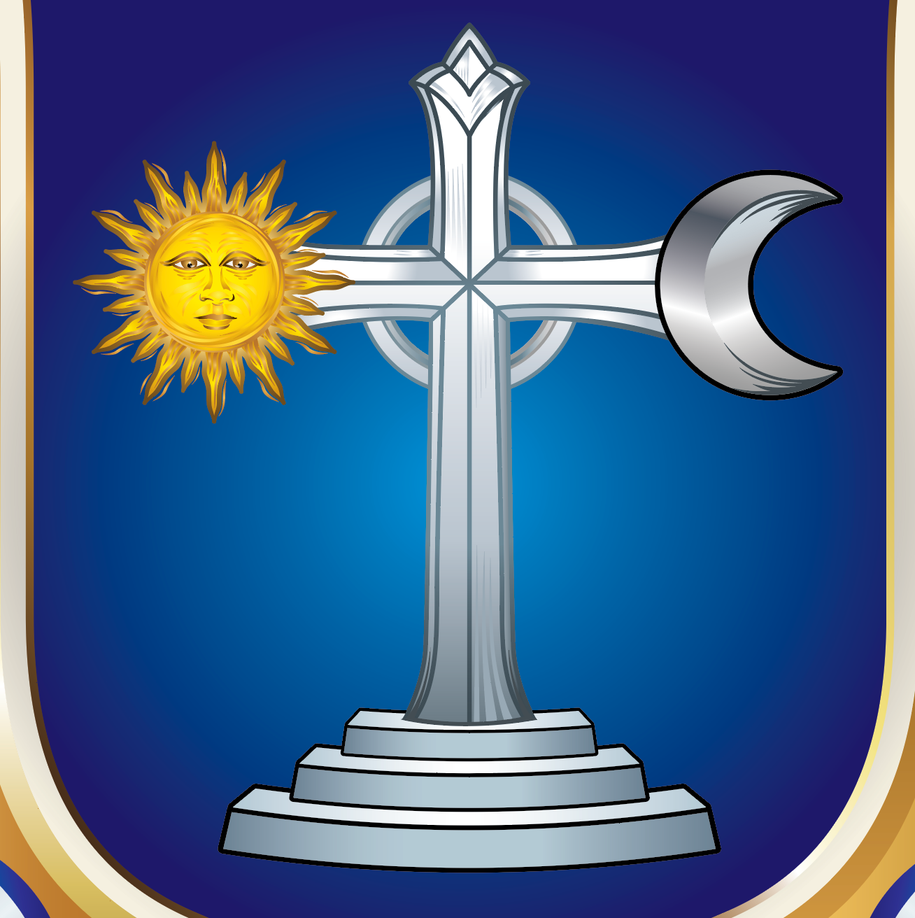 A closeup of the shield of the Irish Martin Family Crest showing a silver cross and a yellow sun and a silver crescent moon.